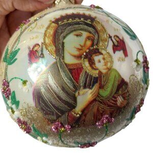 Our Lady Of Perpetual Help Glass Ornament 10cm Hand-Painted With Glitter Accent